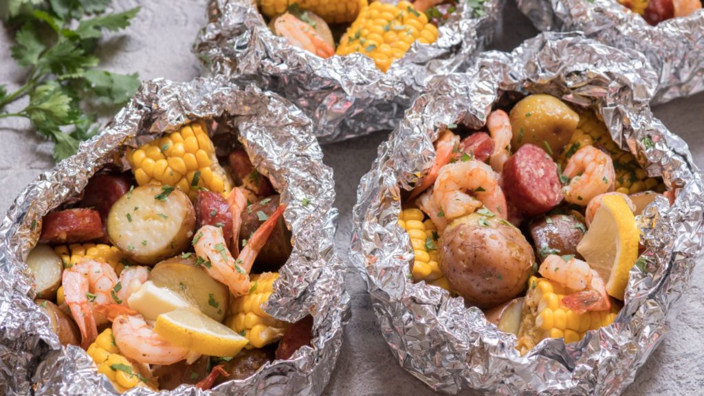 Shrimp Boil on a Grill in Foil Packets