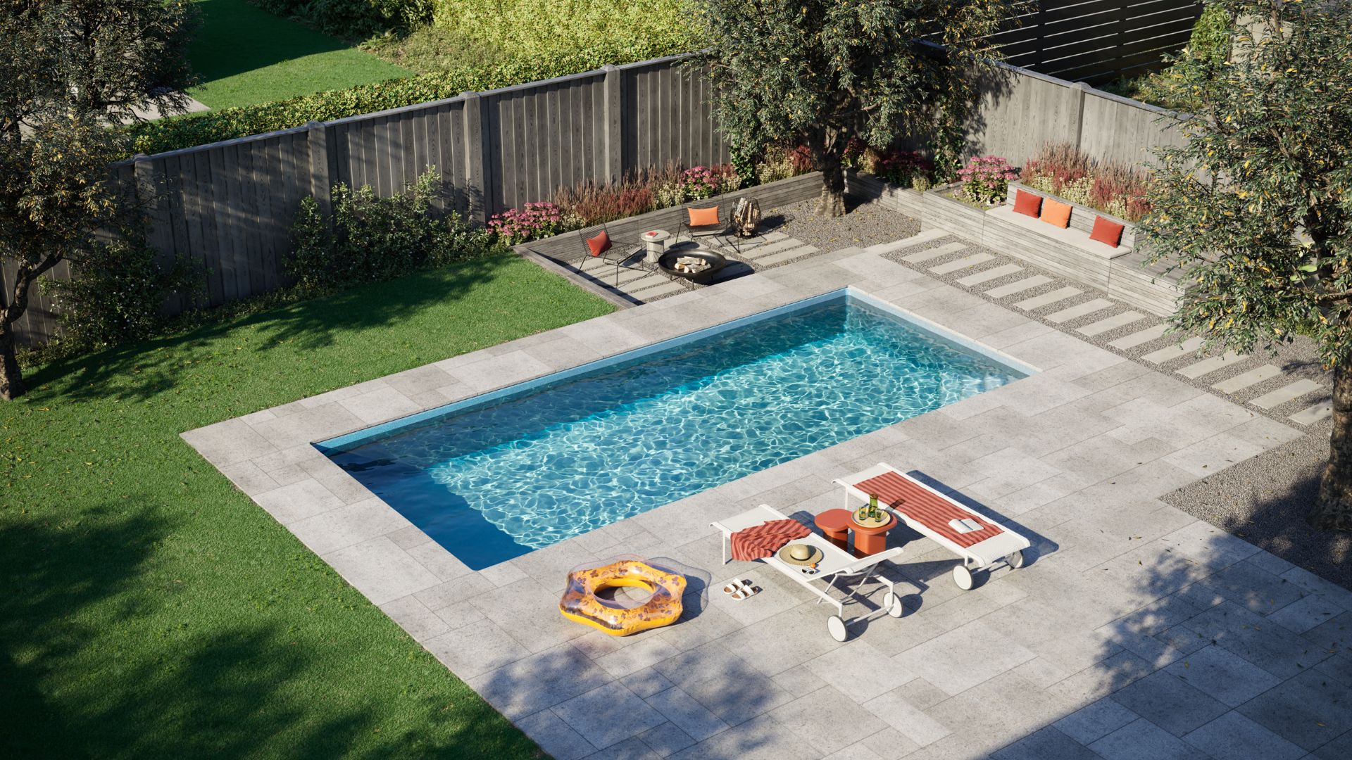 pool with lounge chairs in the summer