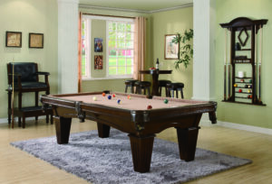 Pool tables are the centerpiece of a game room.